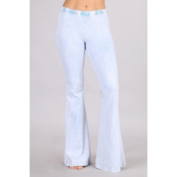 Light Powder Blue Boho Mineral Wash Stretch Flared Bell Bottom Casual Pants - Picture 2 of 6